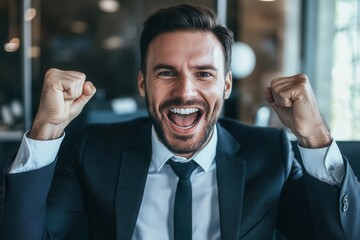 A man in a business suit is joyfully celebrating a success in a contemporary office. He has a wide smile and raised fists, exuding enthusiasm and accomplishment in a professional setting.