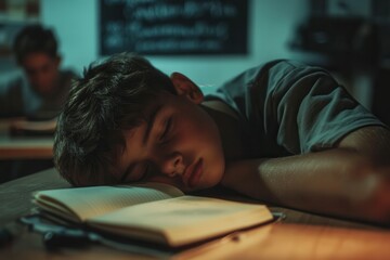 A young student with short brown hair rests his head on an open book at a desk in a dimly lit classroom. The atmosphere reflects late night studying with a sense of fatigue and focus.