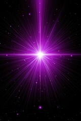 Fototapeta premium Vibrant purple light burst radiating from a central source, surrounded by shimmering stars against a black background.