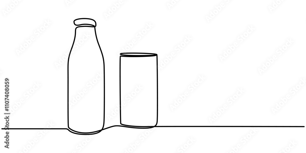 Poster one continuous line drawing of bottle and glass with milk containt. beverage in simple linear style.
