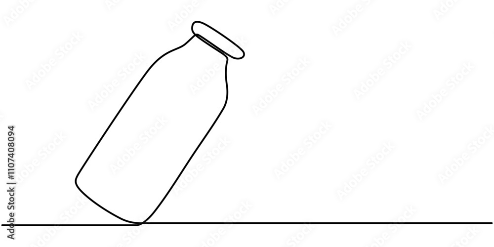 Poster one continuous line drawing of bottle and glass with milk containt. beverage in simple linear style.