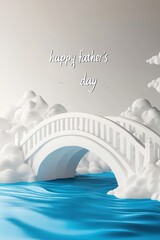 A serene, stylized illustration featuring a white bridge amidst soft clouds and gentle waves, celebrating Father's Day.