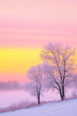 Two bare trees stand in a snowy landscape, backlit by a stunning pastel sunrise of pink and orange hues.