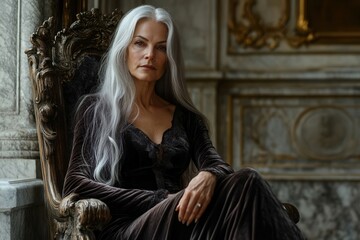 Fototapeta premium A woman with long gray hair sits in an ornate chair, exuding grace and confidence. Dressed in a dark velvet outfit, she gazes thoughtfully in an opulent setting characterized by rich textures and hist