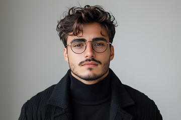 Obraz premium A handsome guy with glasses and a coat on a white background