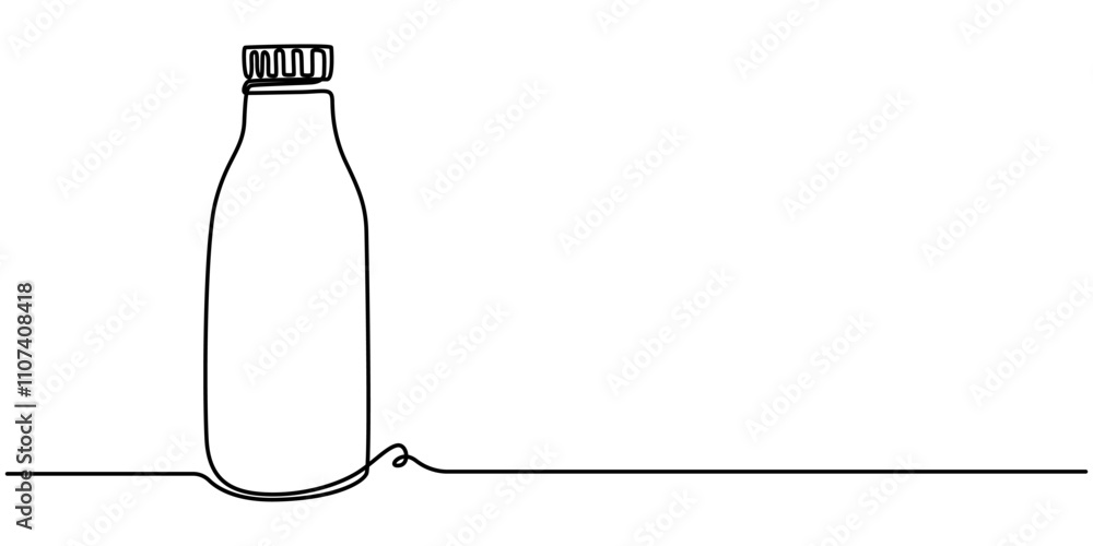 Poster one continuous line drawing of bottle and glass with milk containt. beverage in simple linear style.