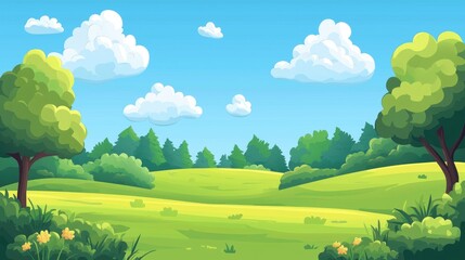 Obraz premium Cartoon Landscape with Green Trees and Rolling Hills under a Blue Sky with White Clouds