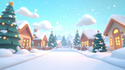 Fototapeta premium Cartoon winter scene with houses and christmas trees in pastel colors