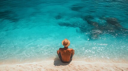 A man is sitting on the beach wearing a straw hat