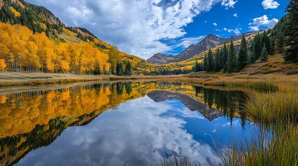 Obraz premium Vibrant fall foliage reflected in calm lake 