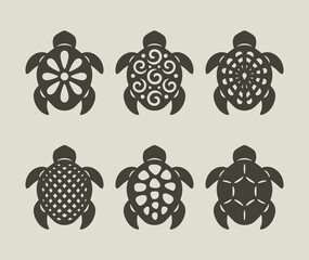 Set of small turtles. Decorative sea animals with geometric, abstract, floral patterns on the shell. Vector template for plotter laser cutting of paper, fretwork, wood carving, metal engraving, cnc.