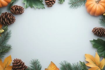 Autumn-Themed Flat Lay Arrangement with Pine Cones, Leaves, Pumpkin, and Evergreens on a Light Background for Seasonal Decor and Celebration Ideas