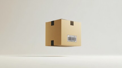 Obraz premium A floating cardboard box with a barcode, representing shipping and delivery services.