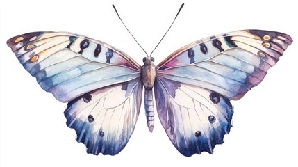 Obraz premium Beautiful Watercolor Butterfly, Blue and Purple Wings, Detailed Insect Illustration, Nature Artwork, Delicate Butterfly Print