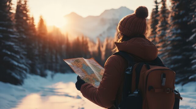 lone traveler stands at snowy trailhead, holding map, surrounded by serene winter landscape with sunlit mountains in background