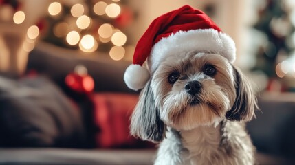 Fluffy Dog in a New Year's cap sits against the background of an apartment decorated for Christmas, cozy home