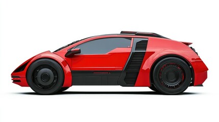 A futuristic red sports car with sleek lines and unique design elements.