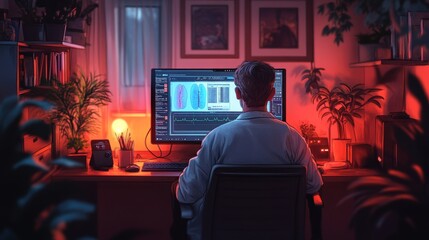 Fototapeta premium A 2D cartoon of a patient having an online medical check-up with a doctor on a screen, in a cozy home setting.