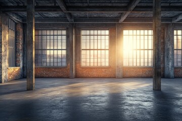 Bright and Spacious Empty Warehouse Interior with Large Windows and Natural Light Streaming In, Ideal for Creative Spaces, Studios, or Open Concept Designs