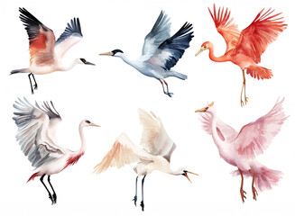 Obraz premium Multicolored storks with watercolor paints on a white background