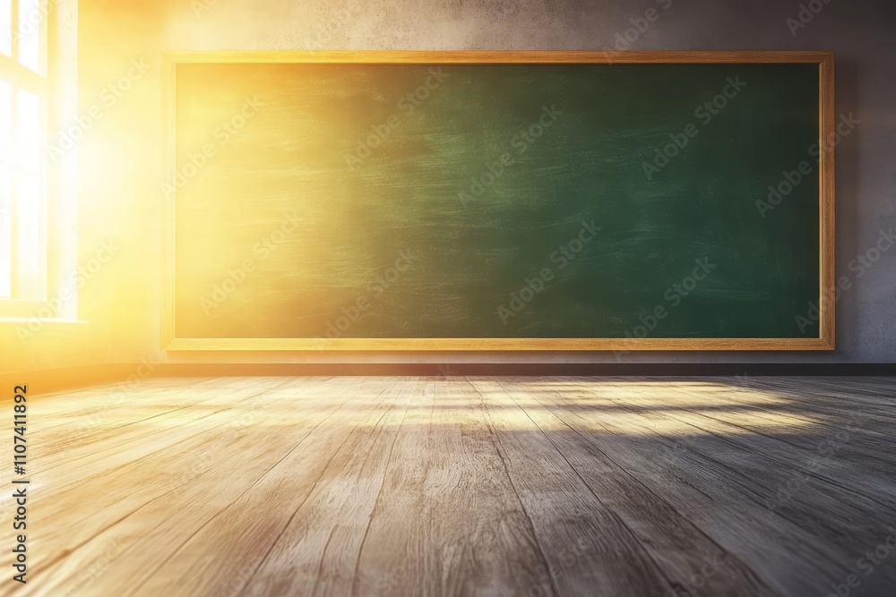 Poster bright classroom with empty chalkboard and sunlight streaming through windows, ideal for educational