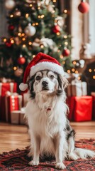 Fluffy Dog in a New Year's cap sits against the background of an apartment decorated for Christmas, cozy home