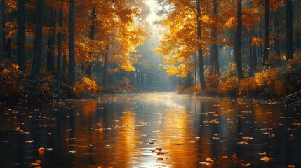 Obraz premium Serene autumnal canal scene with golden leaves floating on calm water, sunlight filtering through vibrant foliage.
