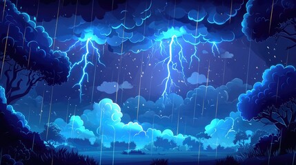 Fototapeta premium A Dark Forest Under a Thunderous Sky with Rain and Lightning