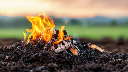 Burning wood on soil creates clean energy from organic biomass