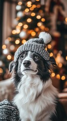 Fluffy Dog in a New Year's cap sits against the background of an apartment decorated for Christmas, cozy home