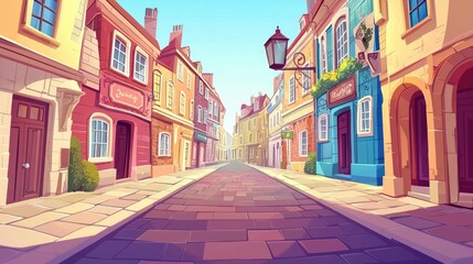 Obraz premium A narrow cobblestone street lined with colorful buildings in an old town.