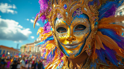 Woman in colorful carnival mask outdoors at festival celebration