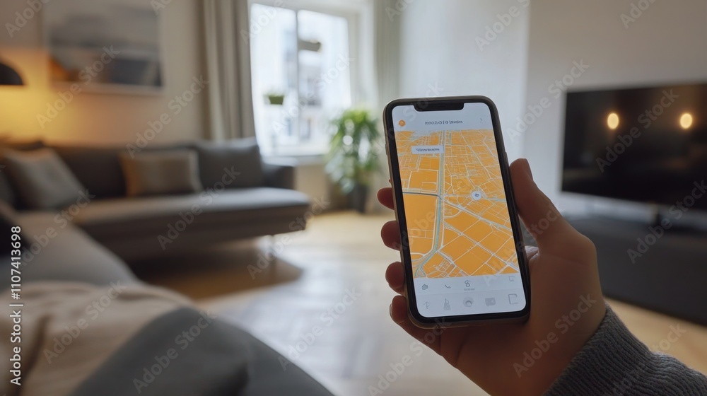 Aufkleber a person holds a smartphone displaying a map application while sitting in a cozy living room. the st