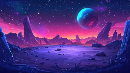 A Fantasy Landscape with a Blue Planet and Purple Mountains under a Starry Sky