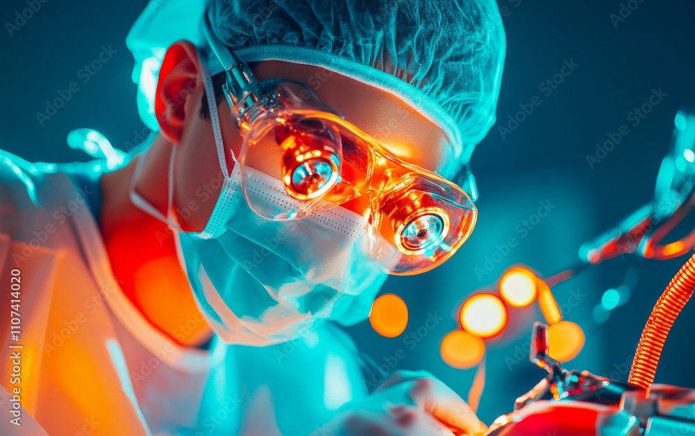 Poster scientist examining technology with glowing goggles in a lab.