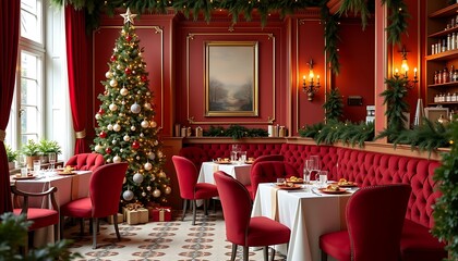 Obraz premium Red and green cafe interior with Christmas decor