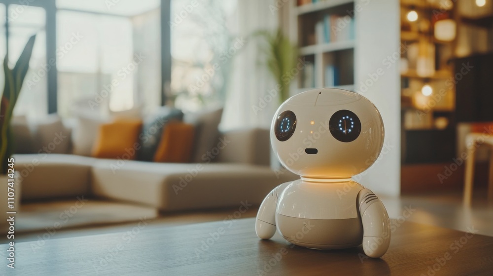 Aufkleber a compact ai assistant sits on a wooden table in a stylish living room. the bright, open space featu