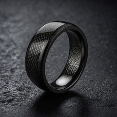 A carbon fiber ring with a glossy finish, set against a sleek, futuristic background.
