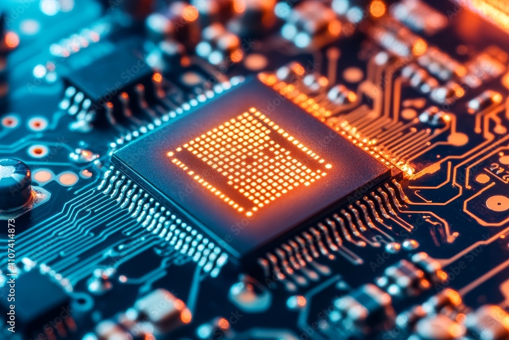 Aufkleber close-up of a computer circuit board with led lights highlighting a microchip on a dark background, 