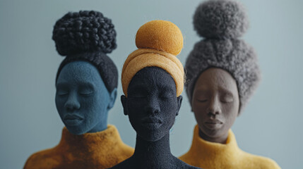 Naklejka premium Three knitted people in monochrome yarn, symbolizing diversity and unity.