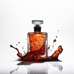 Glass perfume bottle with amber liquid and dramatic splash effect. High-impact conceptual design for fragrance marketing.