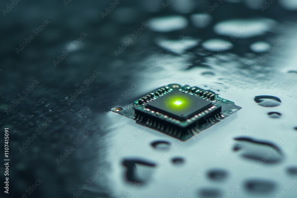 Poster close-up of a microchip on a wet surface with glowing light highlighting the circuit design, backdro