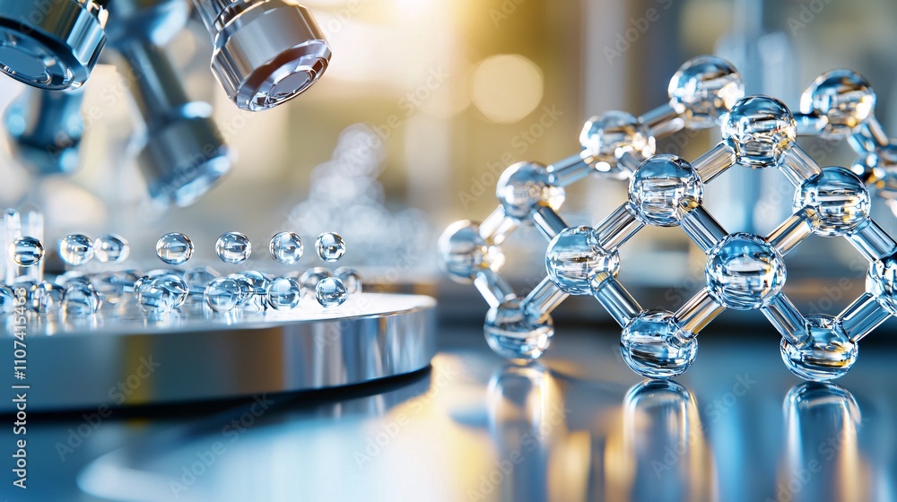 Poster material science with polymers and compounds concept. close-up of microscope with molecular structur