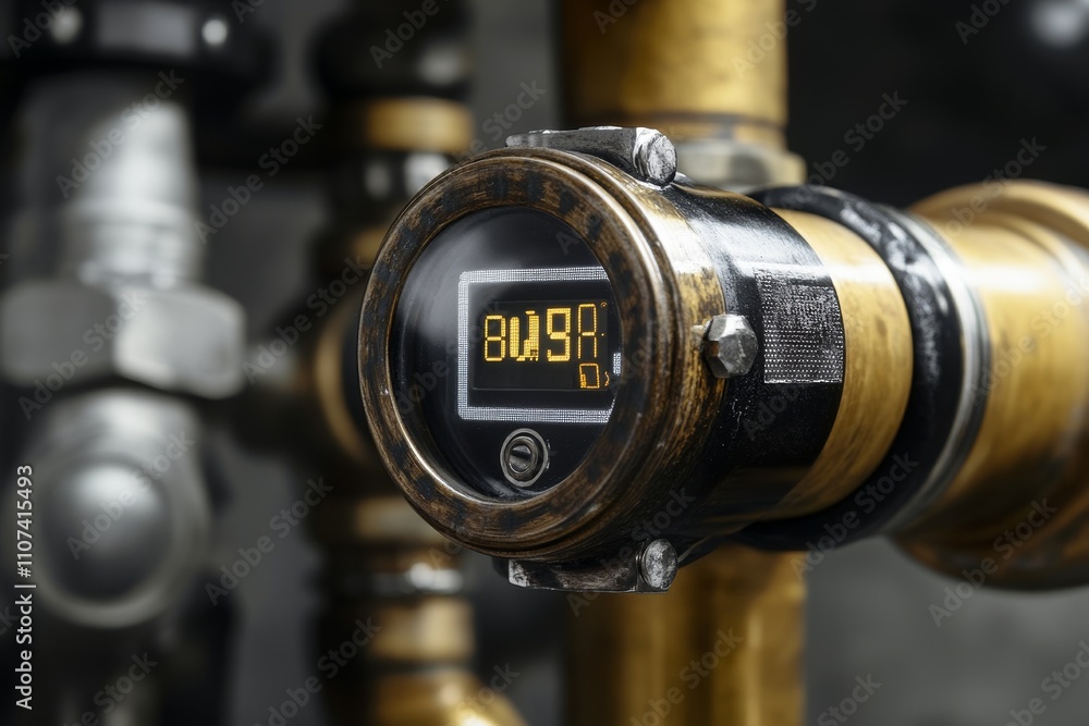 Poster close-up of digital pressure gauge on industrial pipe with brass finish, displaying real-time measur