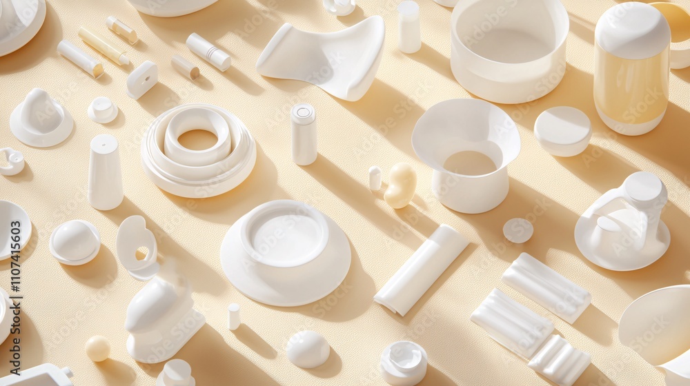 Poster material science with ceramics and polymer concept. modern white objects arrangement on soft backgro