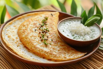 Light neer dosa paired with creamy coconut sauce, featured on a simple backdrop