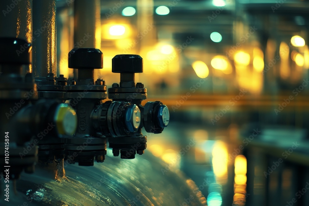 Poster close-up of industrial valves with soft reflections and abstract bokeh background creating a warm at