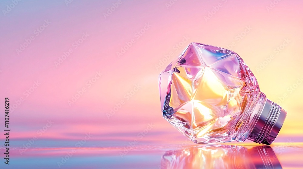 Poster material science with polymers and compounds concept. elegant crystal fragrance bottle with soft glo