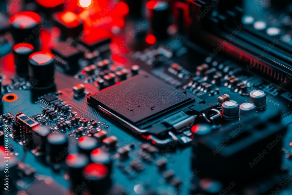 Poster close-up view of a circuit board with microchip and led lights, showcasing intricate details of elec