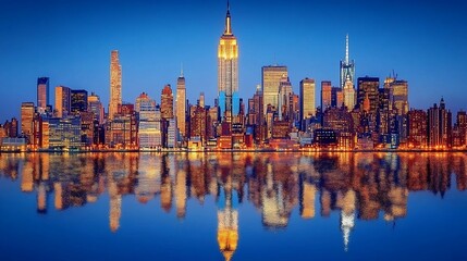 A stunning cityscape at dusk with reflections on the water.